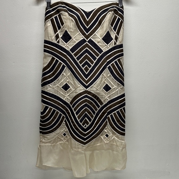 Carolina Herrera Dress Strapless Midi Silk Striped Brown Cream Size Large * - Picture 2 of 8